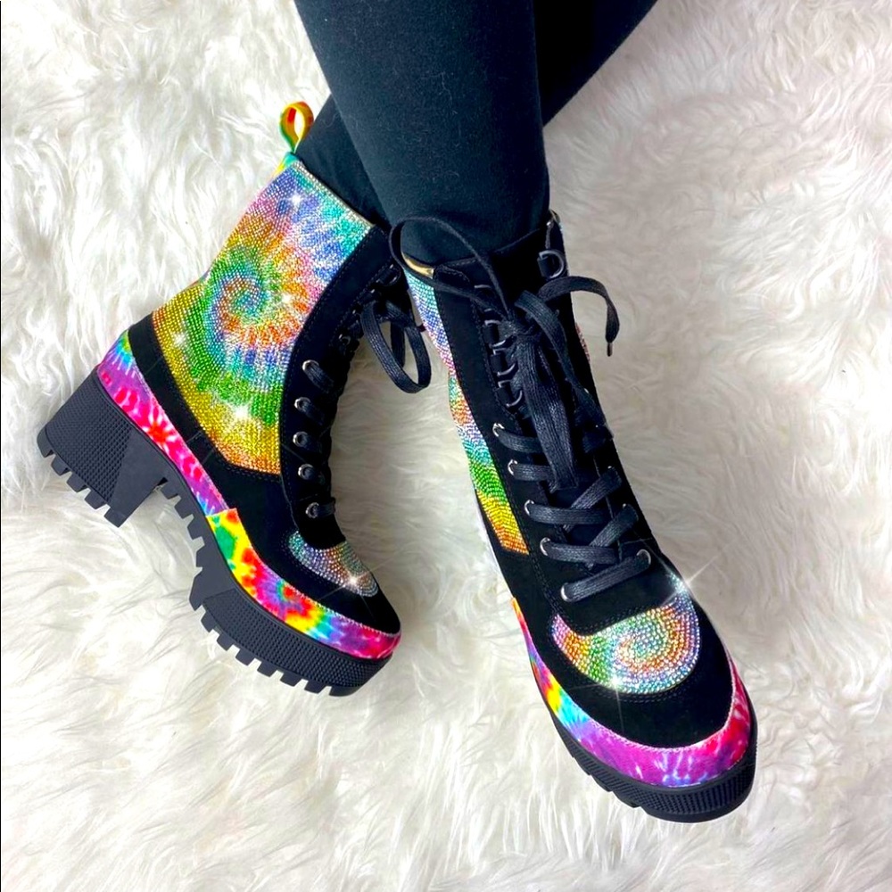 Tie Dye Rhinestoned Combat Boot - Picture 2 of 6